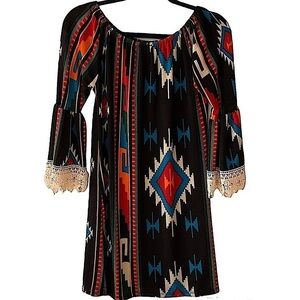 𝅺lilypad Tribal Print Flat Knit Peasant Style Dress Size Small